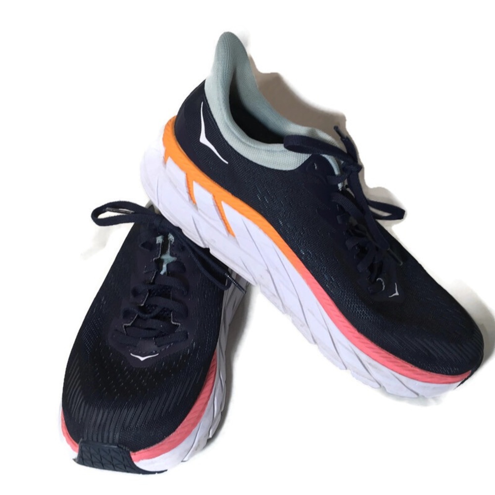 Hoka One Clifton Shoes Womens 8 Wide Navy Blue Orange Comfort Running Sneakers
